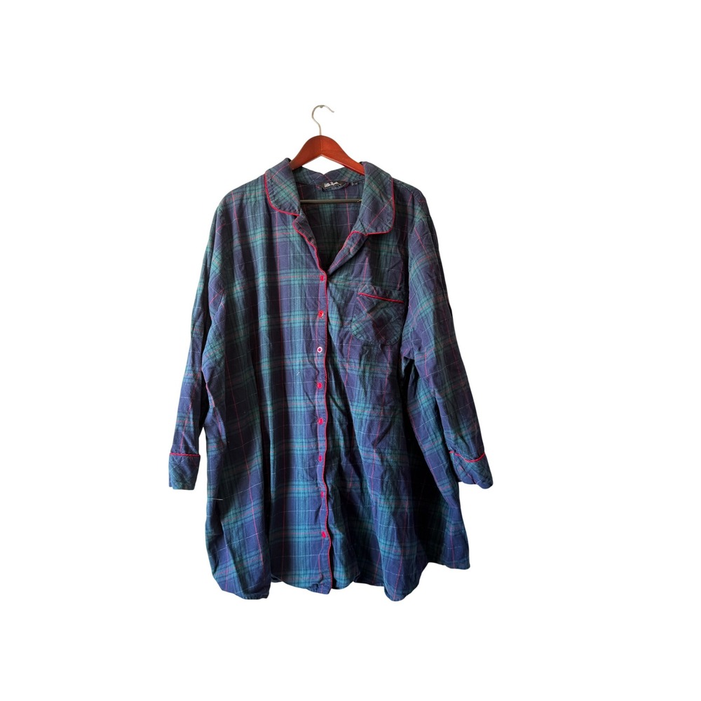 Ulla Popken Women Plus Size 32/34 Flannel Plaid Nightshirt Green Navy Cotton